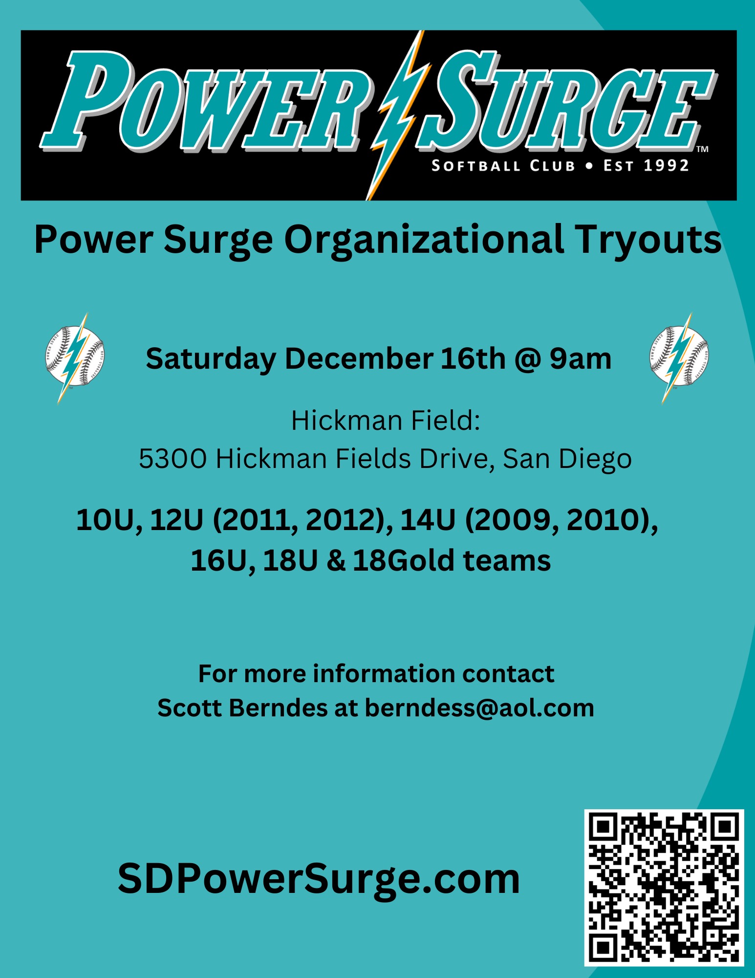 Power Surge Organization Tryouts December 16, 9am, Hickman Fields